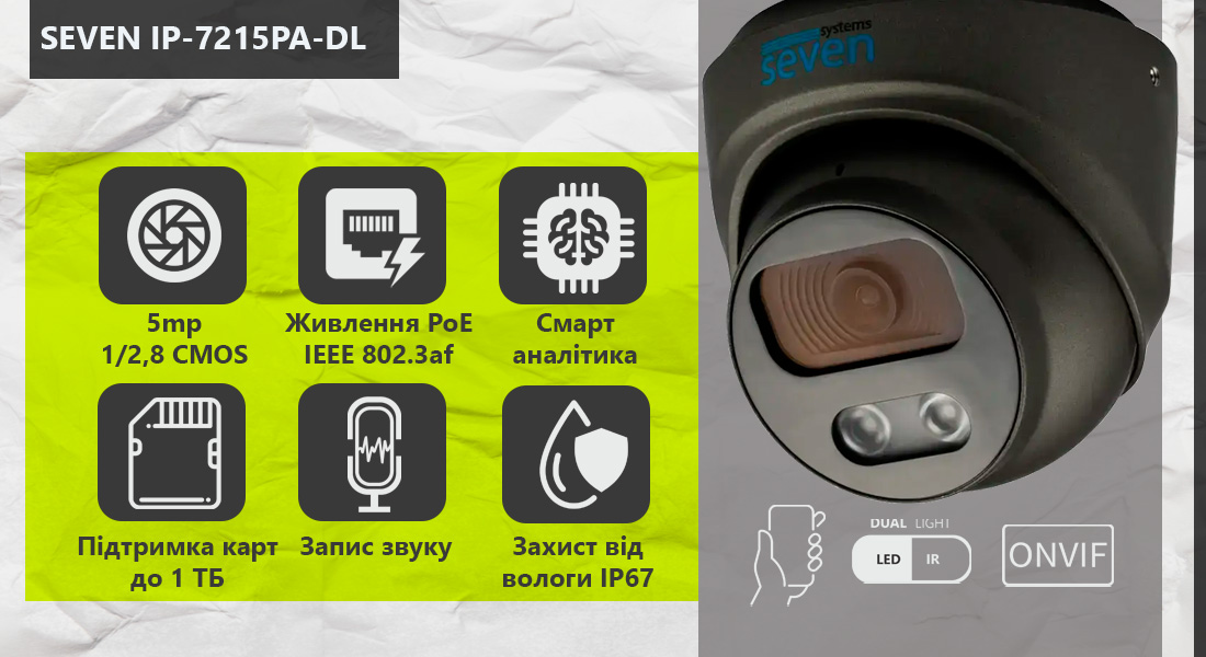 SEVEN IP-7215PA-DL black— купольна 5-мегапіксельна IP-відеокамера з вбудованим мікрофоном, слотом для карт пам’яті MicroSD об’ємом до 1 ТБ 